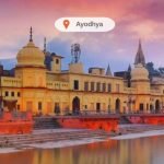 A panoramic view of Ayodhya with the prominent temples and the serene Saryu River.