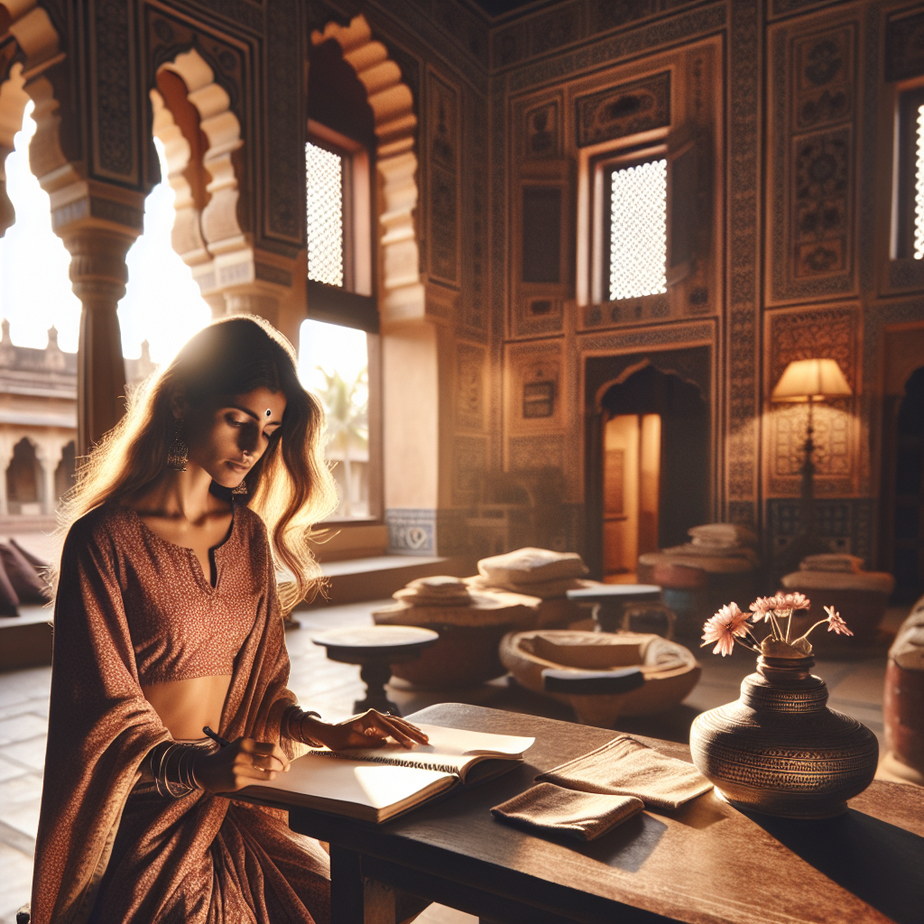 Create an image of a South Asian female traveler immersing herself in the authentic experiences of Prayagraj hotel, in destinations. Show her in a warm, natural light with a shallow depth of field to emphasize the real-life details and immersive atmosphere of the place. Let it reflect an editorial TripCosmos travel style. The composition should be centered with extra space above and below, framed loosely. The image should be safe for a wide 1200×628 crop with no important details near the top or bottom edges.
