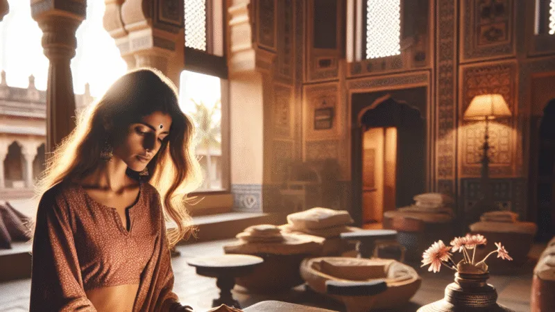 Create an image of a South Asian female traveler immersing herself in the authentic experiences of Prayagraj hotel, in destinations. Show her in a warm, natural light with a shallow depth of field to emphasize the real-life details and immersive atmosphere of the place. Let it reflect an editorial TripCosmos travel style. The composition should be centered with extra space above and below, framed loosely. The image should be safe for a wide 1200×628 crop with no important details near the top or bottom edges.