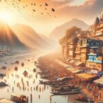 Wide angle capture of the confluence at Magh Mela Prayagraj, with devotees and cultural diversity.