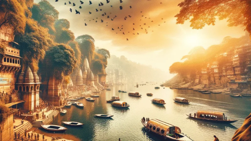 A cinematic wide angle travel photograph representing the topic "varanasi transport guide: essential
