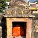 A small outdoor shrine housing a vibrant Hanuman idol in bright sunlight.